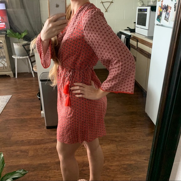 Boden Red Floral Print Tunic Dress Tassel Pom Pom - Picture 6 of 13